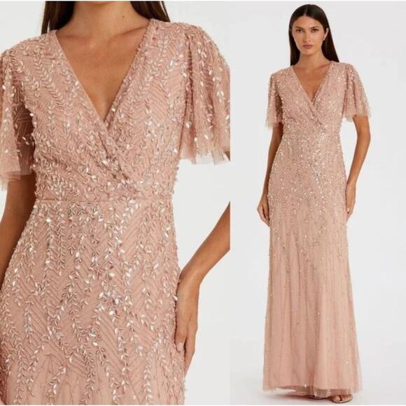 Mac Duggal Embellished Flutter Sleeve Wedding Guest Maxi Gown Nude Size 10 NWT - Picture 1 of 12